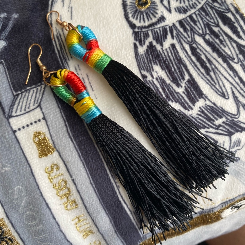 Black & Rainbow Tassel Dangling Earrings - Picture 2 of 2